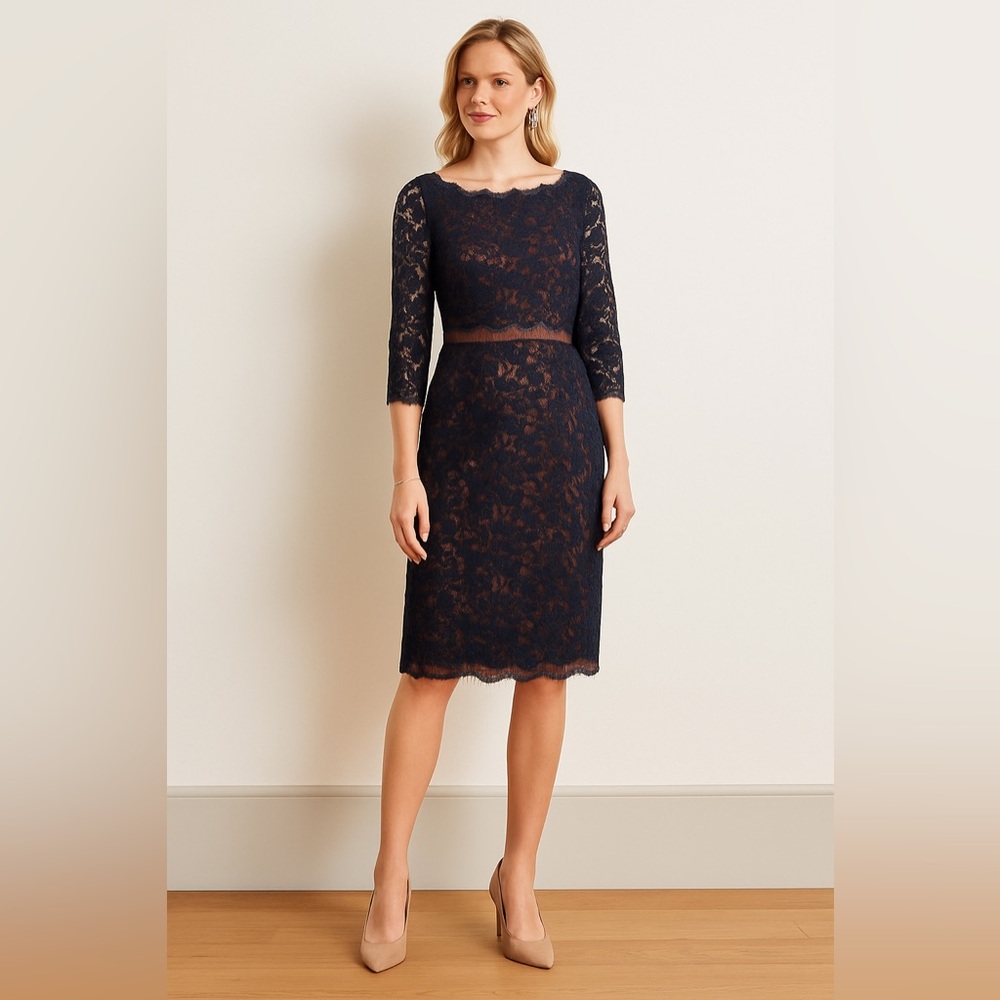 Boden Navy Lace Overlay Rust Satin Sheath Dress Size 12 - Picture 1 of 6